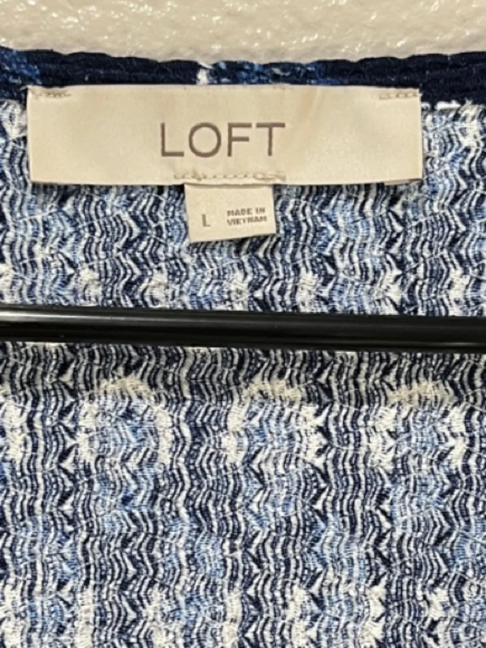 LOFT Navy Blue Retro Printed Peasant Top Sz L Boho Vacay Cottage Core Flowy